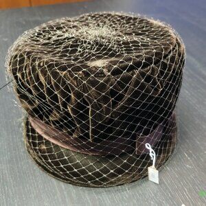 Vintage Brown Velvet Cloche Hat with Veil and Hat Pin